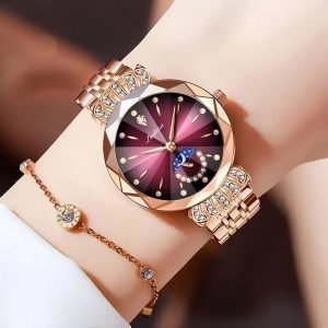 Women'S Elegant Business Watch with Blue Ocean Heart & Rose Golden Stainless Steel Band