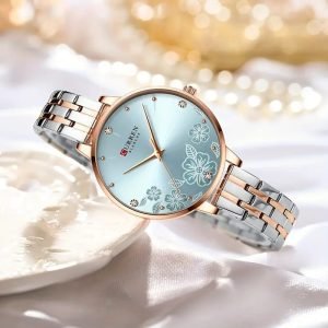 Women'S Elegant Business Watch with Blue Ocean Heart & Rose Golden Stainless Steel Band