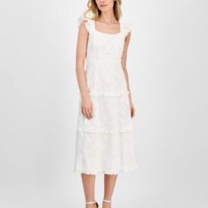 Women's Eyelet Square-Neck Tiered Midi Dress